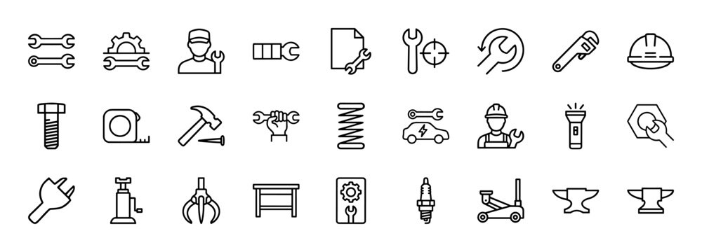Minimalist mechanical and repair spanner outline icon set