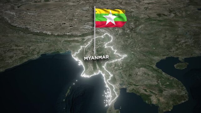 Myanmar Map Animation with 3D Waving of Myanmar National Flag and Glowing Border Animation on World Map