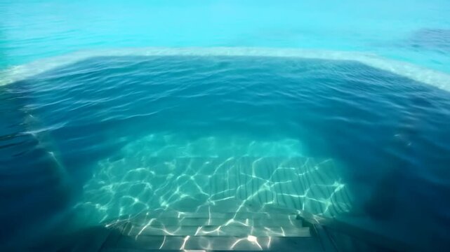 Slow motion tracking shot of wooden steps descending into clear turquoise ocean water from boat platform in tropical bay during daytime