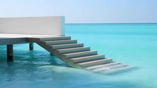 Slow motion tracking shot of concrete stairs descending into turquoise sea at overwater deck in tropical resort daytime