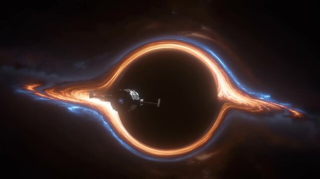 Tracking dolly pan slow motion of spacecraft orbiting black hole with glowing accretion disk in deep space