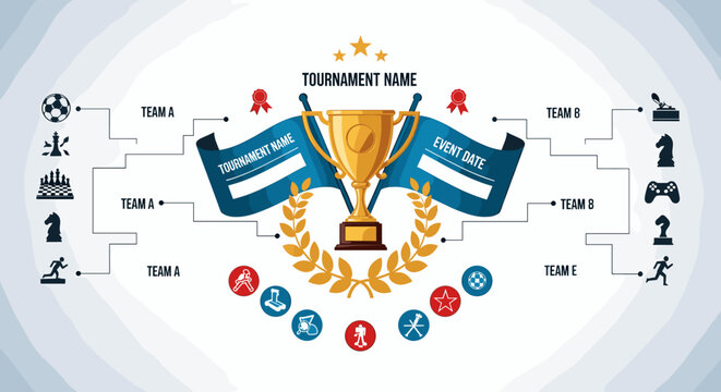 A vibrant tournament bracket design featuring a golden trophy, banners, laurel wreath, and various sports icons for competition events.
