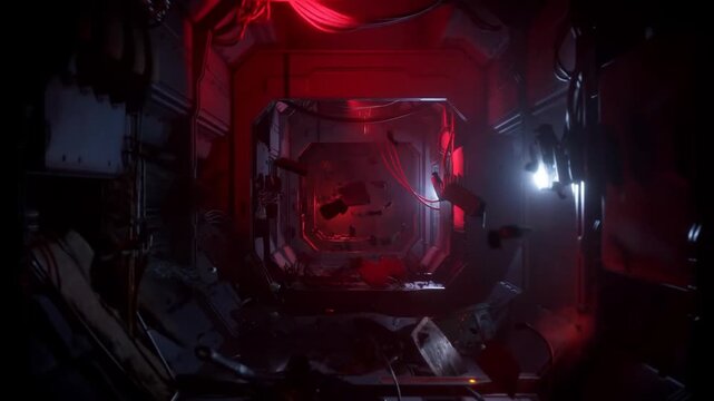 Tracking shot through damaged spacecraft corridor with floating debris, sparking wires and red emergency lighting inside space station module