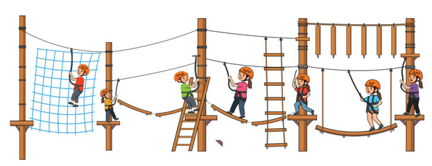 Kids High Ropes Adventure Course Vector Illustration with Ladders, Platforms, Harnesses and Teamwork © Vector Maker