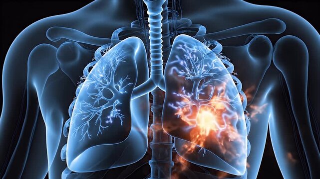 Detailed 3D CGI Medical Animation Illustrating Human Lungs and Bronchial Tree With Airflow Animation on a Dark Medical Background for Educational Presentations