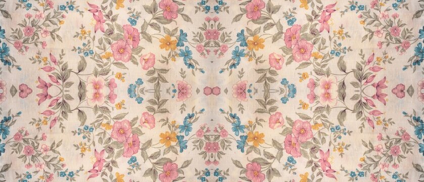 Beautiful vintage floral pattern featuring intricate hand drawn pink yellow and blue blossoms on a soft cream background perfect for elegant fabric design or wallpaper