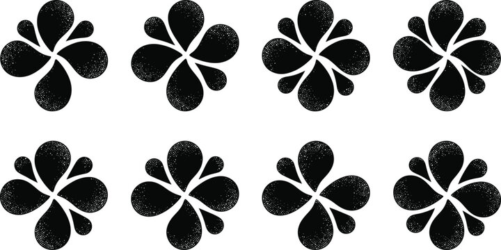 Eight black abstract floral or petal-like arranged in a circular, symmetrical pattern with a subtle textured effect, decorative backgrounds or motifs