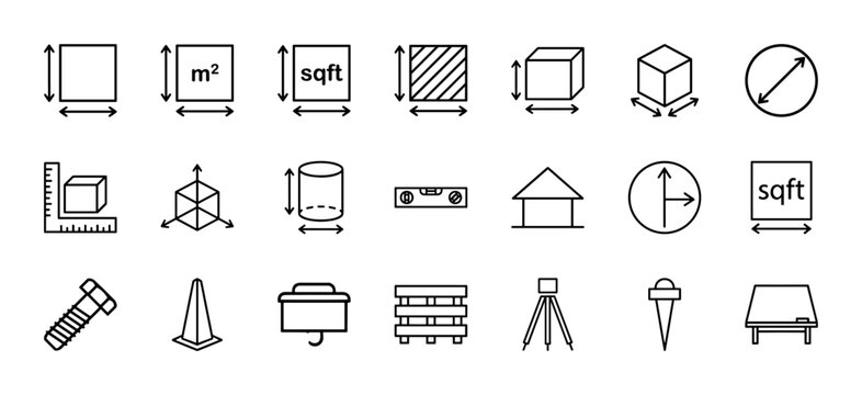Technical dimension and area measurement outline icon set for engineering.