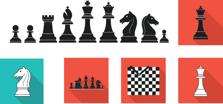 Chess icons collection with long shadow style, vector illustration of chessboard pieces including king queen rook knight bishop pawn set