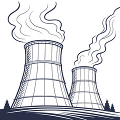 Illustration of two industrial cooling towers with smoke emitting from the top