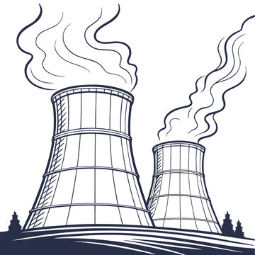 Illustration of two industrial cooling towers with smoke emitting from the top