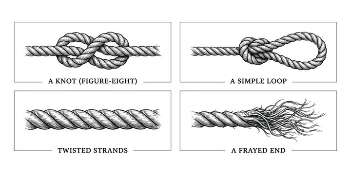 Four panel showing rope knots twisted strands and a frayed end