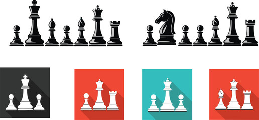 Chess pieces icon set with long shadow style, vector illustration of king queen rook bishop knight pawn on colorful backgrounds © MDRAKIB