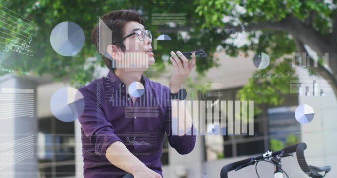 Animation of asian businessman talking on smartphone over data processing