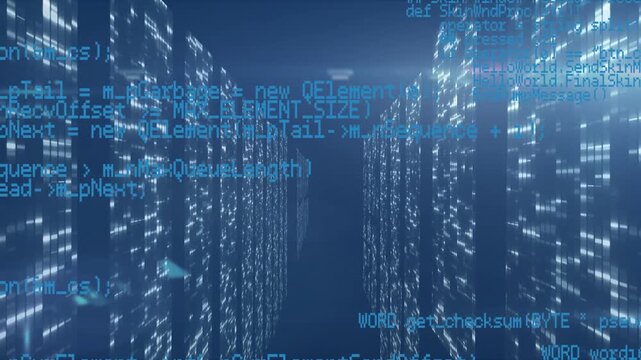 Animation of data processing on navy background with lights