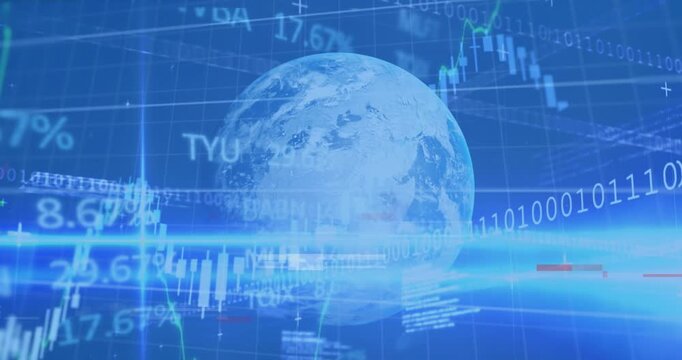 Animation of financial data processing with binary coding over globe