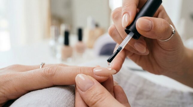 Female nail technician applies clear nail polish to client's fingernails while seated at a table with various nail polish bottles in the background
