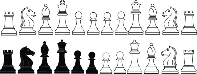 Chess pieces outline and solid set, classic king queen rook bishop knight pawn icons for strategy board game vector design © MDRAKIB