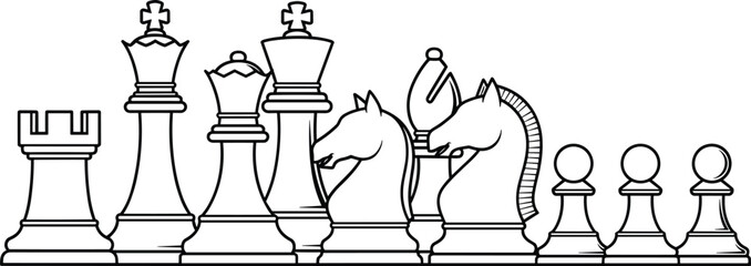 Chess pieces outline vector illustration, classic board game set with king queen rook bishop knight pawn arranged in row © MDRAKIB