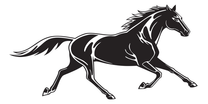 Black and white silhouette illustration of a powerful galloping horse in a dynamic pose with galloping silhouette illustration majestic equestrian isolated stylized movement strength
