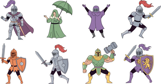 Medieval knight characters collection with warriors, armor and fantasy figures, cartoon fighters in detailed vector illustration set