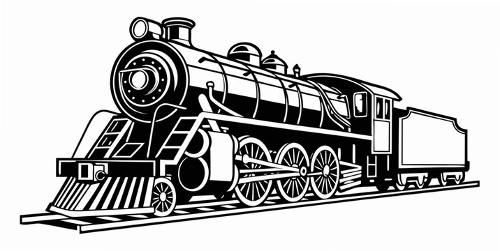 Black and white vector illustration of a vintage steam locomotive train on tracks isolated on white background with steam engine locomotive transportation railroad illustration silhouette