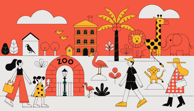Stylized illustration of people visiting a zoo with various animals and buildings ice cream buildings flamingo elephant visiting daylight attraction recreation wildlife illustration