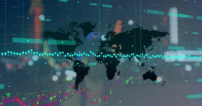 Animation of unk and financial data processing over businesswoman using computer
