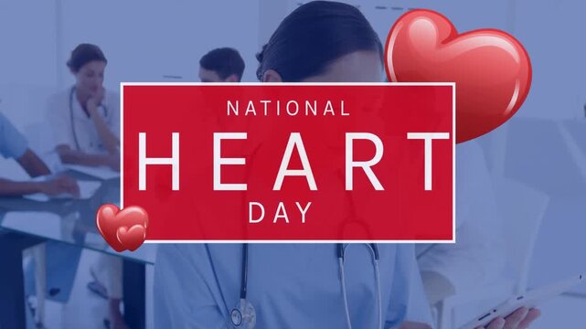 Animation of national heart day text over diverse doctors talking