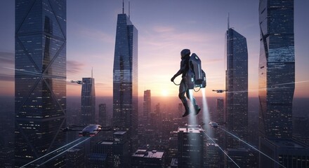 Obraz premium Personal Jetpack Commuter Flying Over a Futuristic City Skyline at Dawn