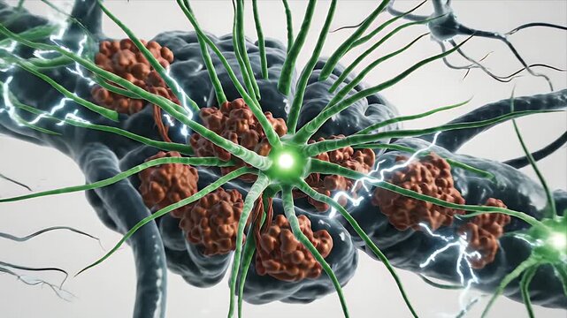 Detailed 3D CGI Medical Animation Illustrating Neuronal Degeneration With Protein Aggregates and Electrical Impulses on a Neutral Gray Background