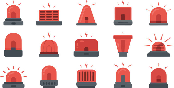 Emergency siren icon set with red beacon alarm lights, glossy flashing police and ambulance signals for hazard warning and evacuation alerts