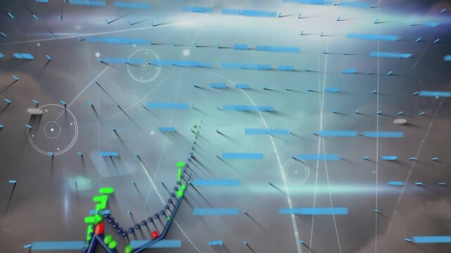 Animation of digital interface and graph with network of connections over sky