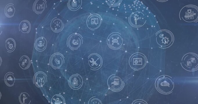 Digital icons in seamless pattern over globe of network of connections against blue background