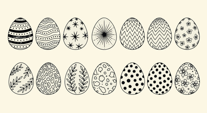 Hand drawn black and white patterned Easter eggs with floral geometric and celestial designs for spring celebration vector illustration doodle art and icon set