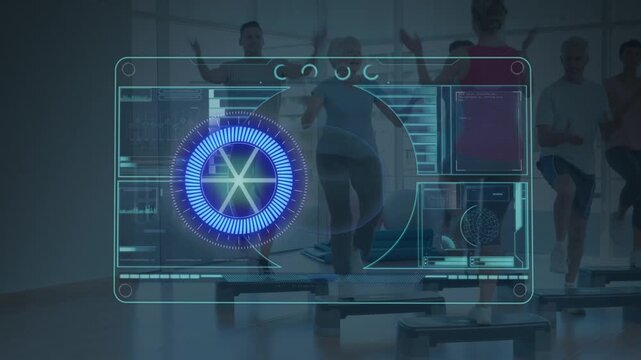 Animation of digital screen with data over diverse people exercising step at gym