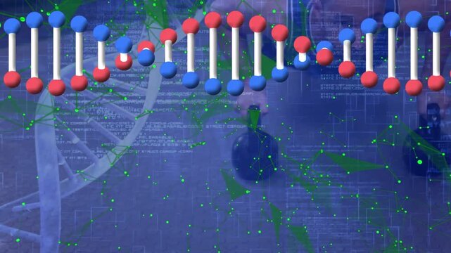 Animation of data processing and dna on blue background