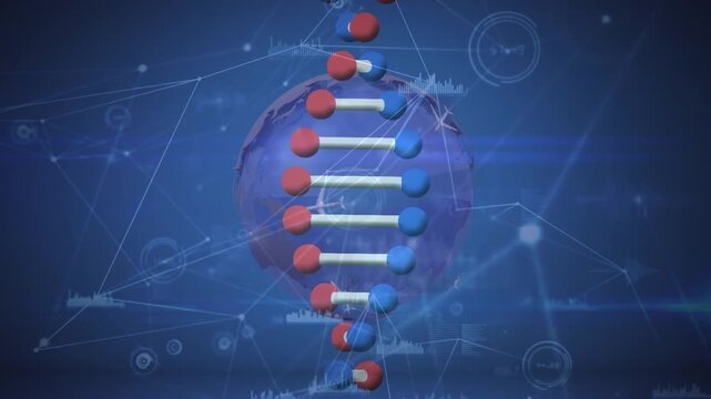 Animation of dna rotating over connecting dots with data and globe on digital interface