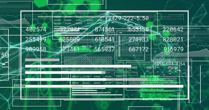 Digital animation of interface with changing numbers and graphs over computer language