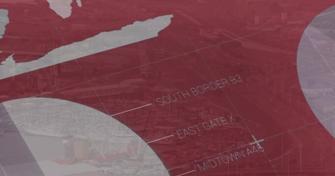 Animation of statistical data processing against aerial view of cityscape
