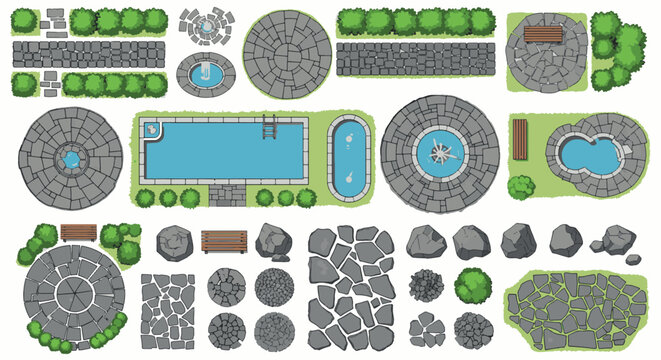 Landscape garden elements with stone paths swimming pools benches rocks green bushes and fountains for backyard map creator vector illustration design set