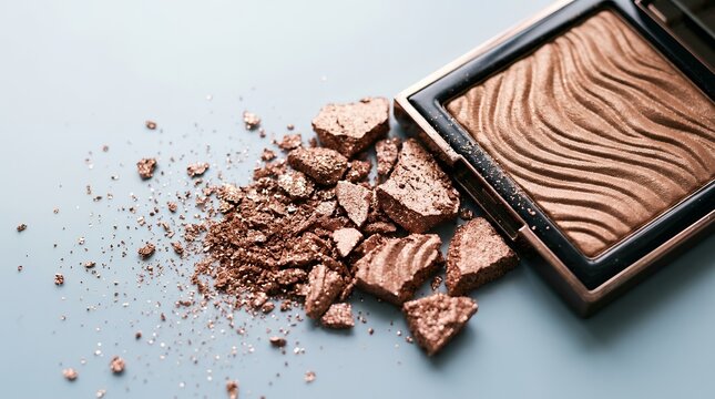 Shimmering bronze highlighter powder, crushed metallic face illuminator on blue background, luxury makeup palette with wavy texture