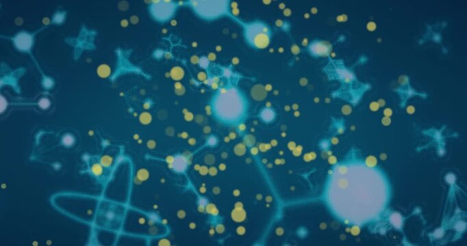 Animation of yellow spots of light over molecular structures floating against blue background