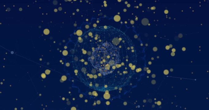 Animation of globe with network of connections with icons over binary coding
