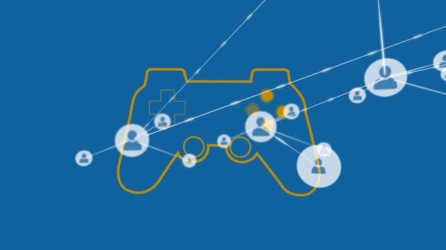 Animation of network of profile icons over video game controller icon against blue background