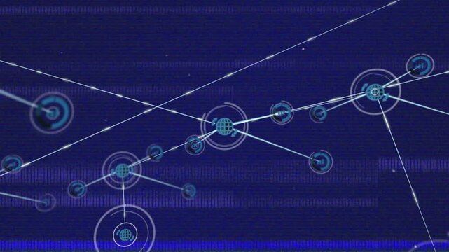 Animation of glitch effect over network of digital icons against blue background