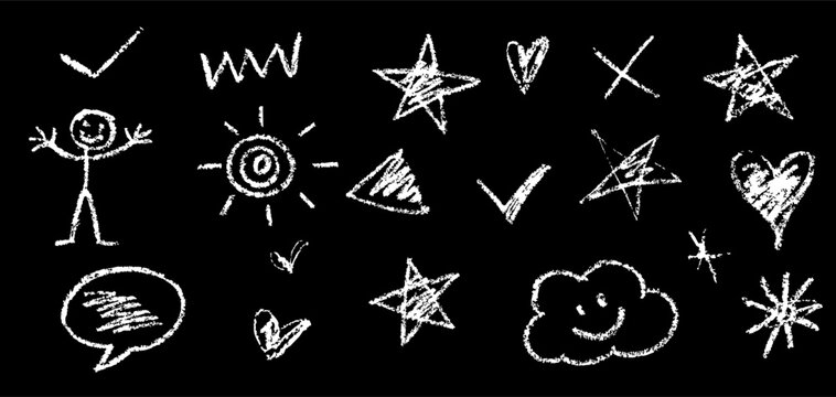 Hand Drawn Chalk Doodles Collection - White Sketchy Stick Figure Stars Hearts and Symbols on Black Background