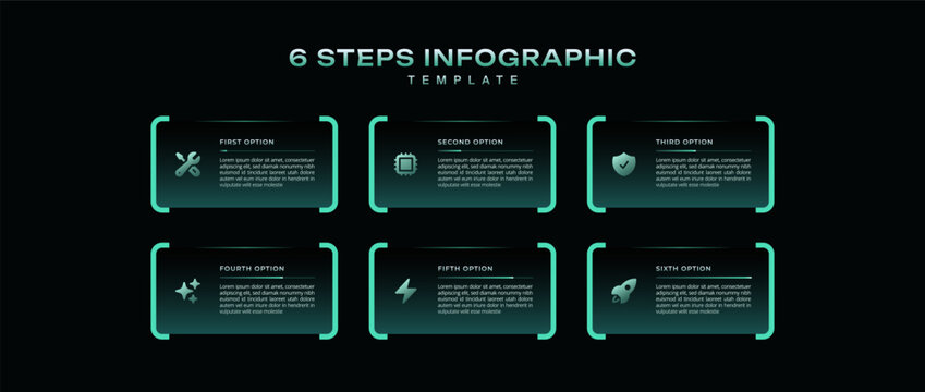 Dark tech infographic template 6 step timeline journey with number icons, modern vector for business presentation, process diagram, workflow, graph, minimal design