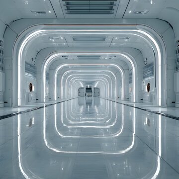 Futuristic corridor: A long, sleek corridor, illuminated by soft, futuristic lighting, creates a sense of spatial expanse and technological sophistication.