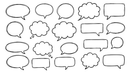 Obraz premium Hand Drawn Speech and Thought Bubbles Collection - Sketchy Black Outline Talk Clouds and Dialogue Frames on White Background